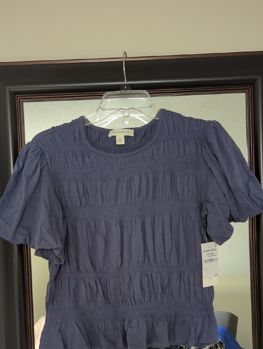 Nordstrom NWT Treasure & Bond Navy Smocked Short Sleeve Blouse Size M